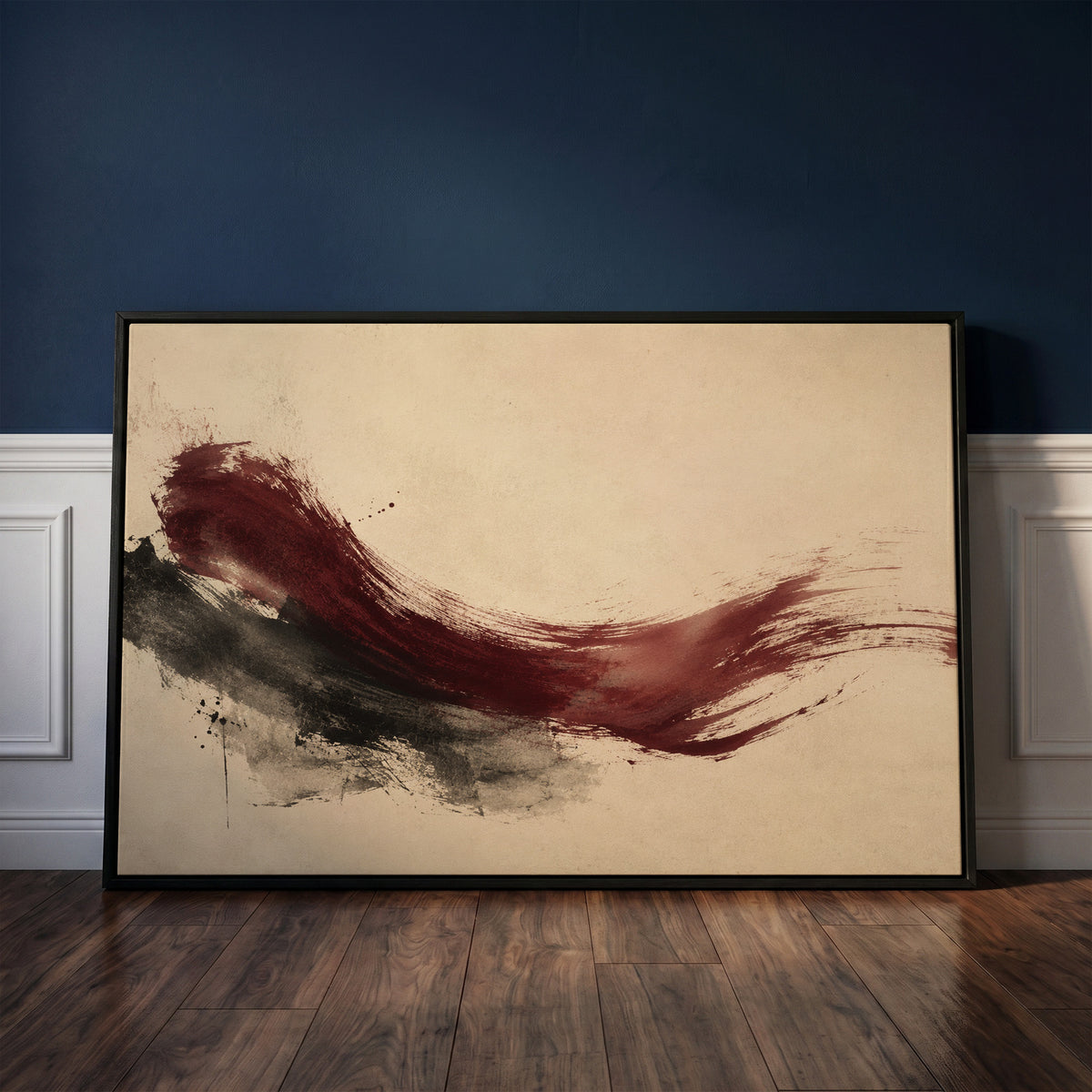 Dark red canvas wall art showing deep burgundy brushstroke sweeping across a cream background