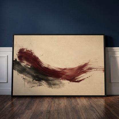 Dark red canvas wall art showing deep burgundy brushstroke sweeping across a cream background