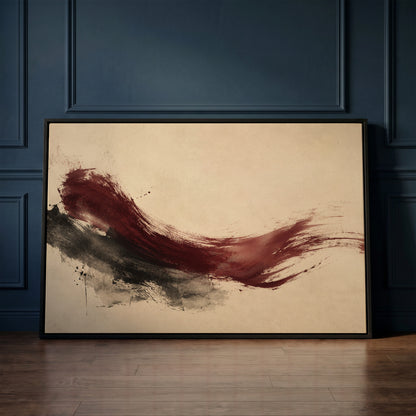 Neutral canvas wall art showing deep burgundy brushstroke sweeping across a cream background