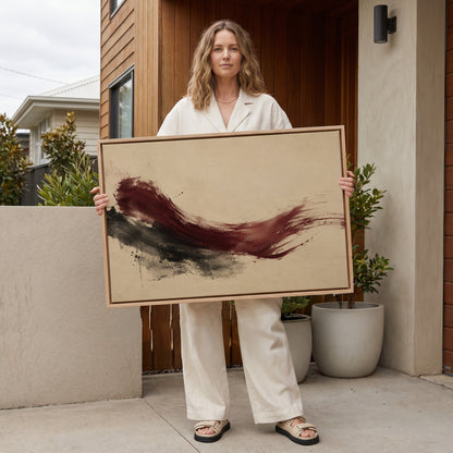 Japandi canvas wall art showing deep burgundy brushstroke sweeping across a cream background