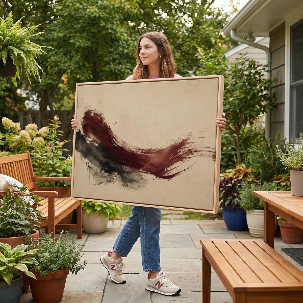 Abstract canvas wall art showing deep burgundy brushstroke sweeping across a cream background