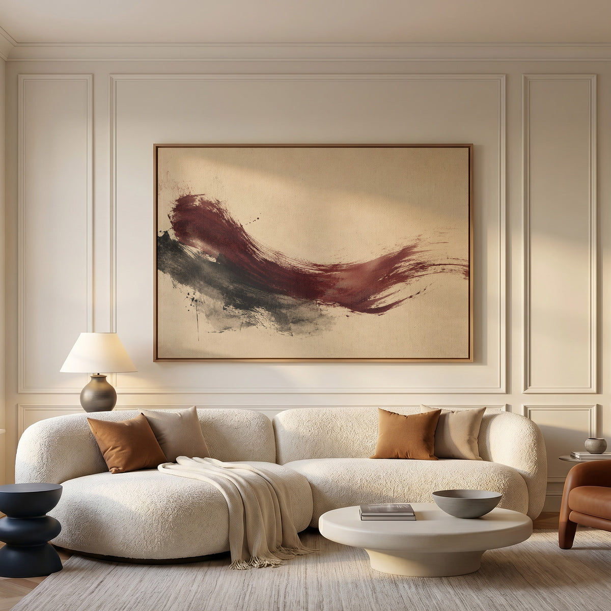 Minimalist art canvas wall art showing deep burgundy brushstroke sweeping across a cream background