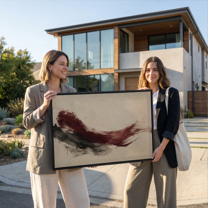 Oxblood canvas canvas wall art showing deep burgundy brushstroke sweeping across a cream background