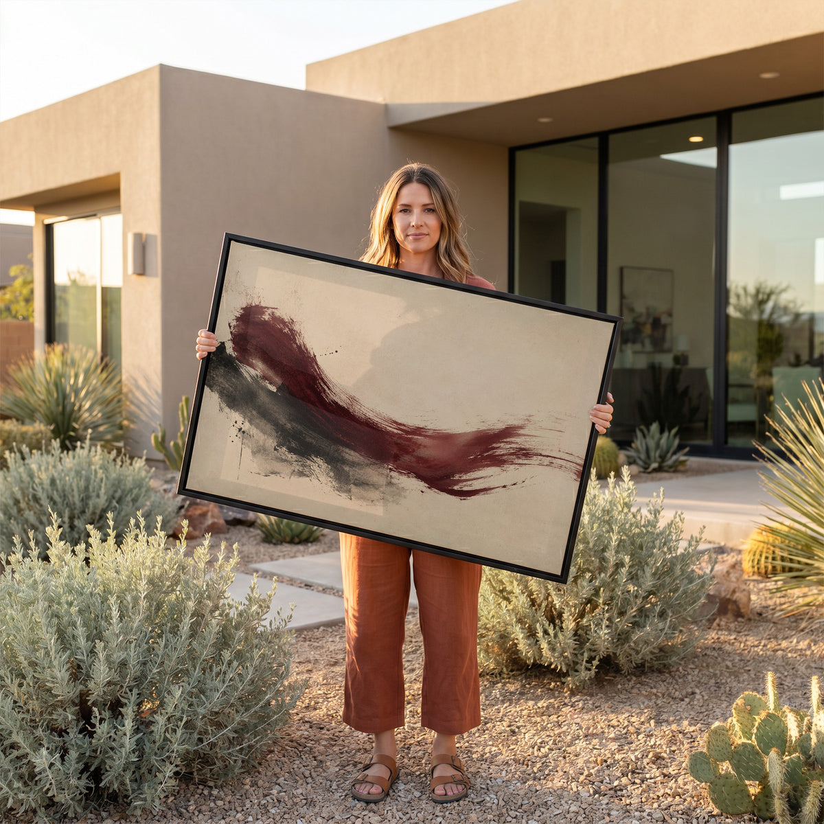Modern canvas wall art showing deep burgundy brushstroke sweeping across a cream background