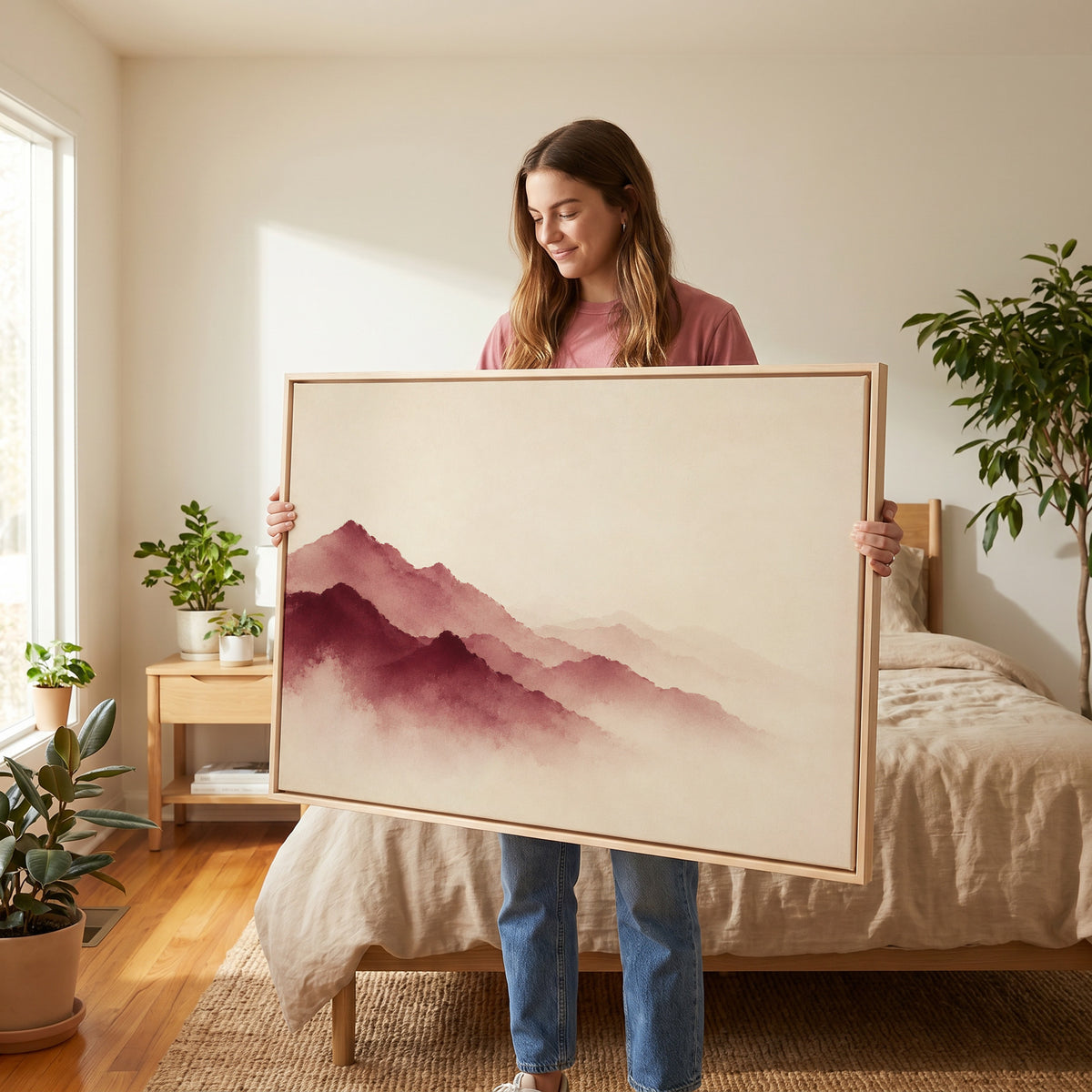 Dark red canvas wall art showing layered burgundy mountain ridges fading into pale mist