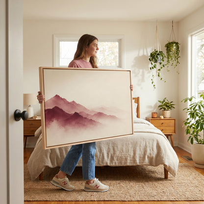 Minimalist art canvas wall art showing layered burgundy mountain ridges fading into pale mist