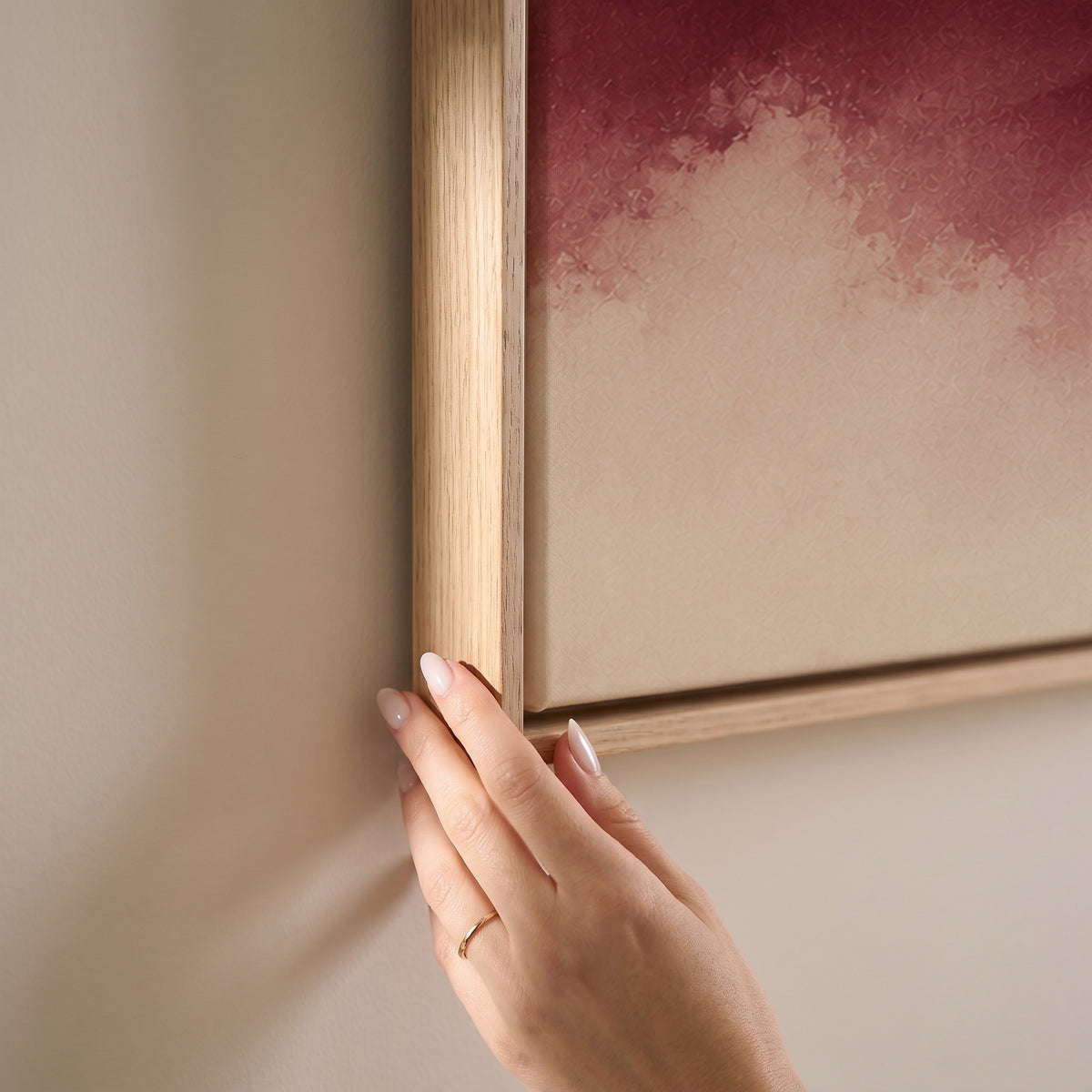 Layered burgundy mountain ridges fading into pale mist, horizontal canvas print