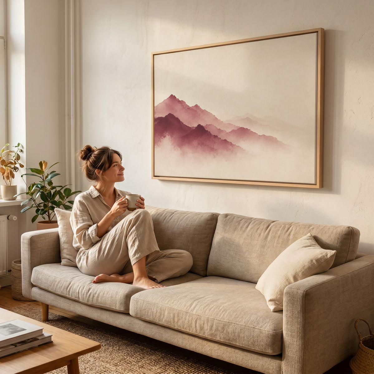 Ink wash canvas wall art showing layered burgundy mountain ridges fading into pale mist