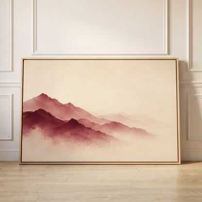 Layered burgundy mountain ridges fading into pale mist, canvas wall art