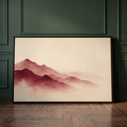Layered burgundy mountain ridges fading into pale mist, canvas art print