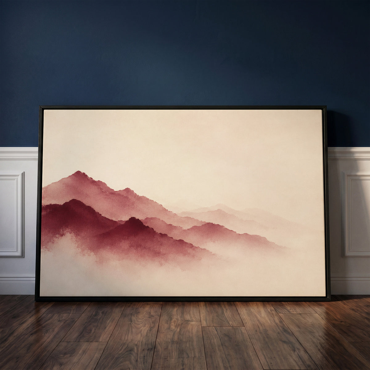 Modern canvas wall art showing layered burgundy mountain ridges fading into pale mist
