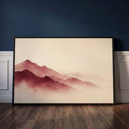 Modern canvas wall art showing layered burgundy mountain ridges fading into pale mist