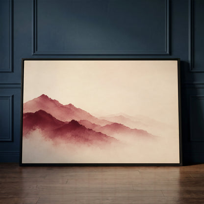 Japandi canvas wall art showing layered burgundy mountain ridges fading into pale mist