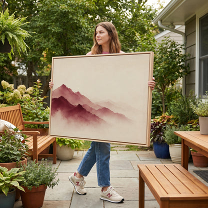 Mountain canvas wall art showing layered burgundy mountain ridges fading into pale mist