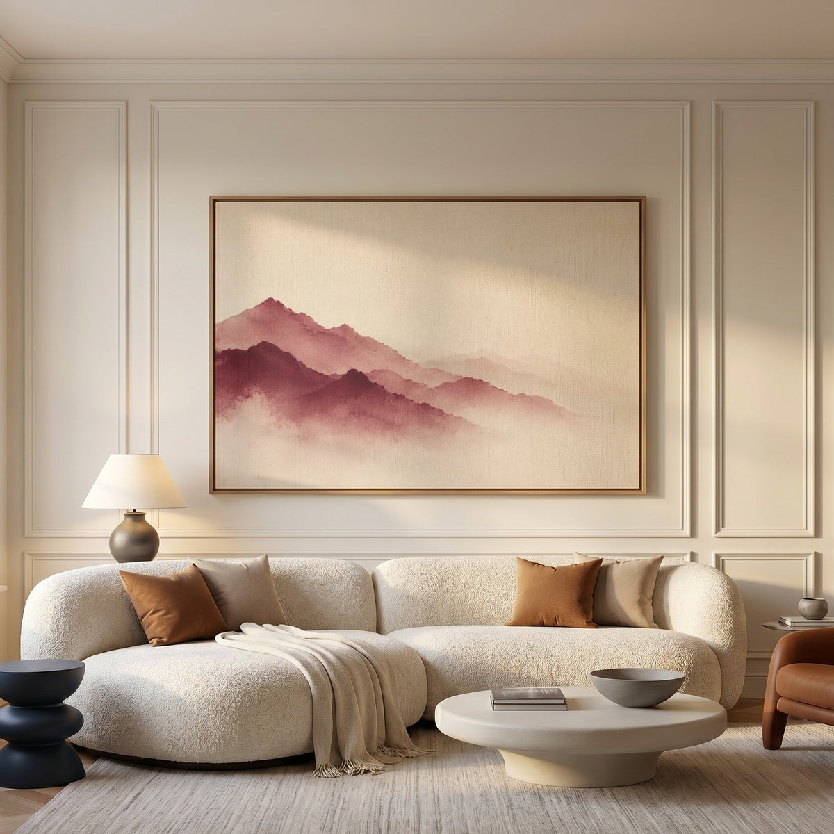 Misty mountain canvas wall art showing layered burgundy mountain ridges fading into pale mist
