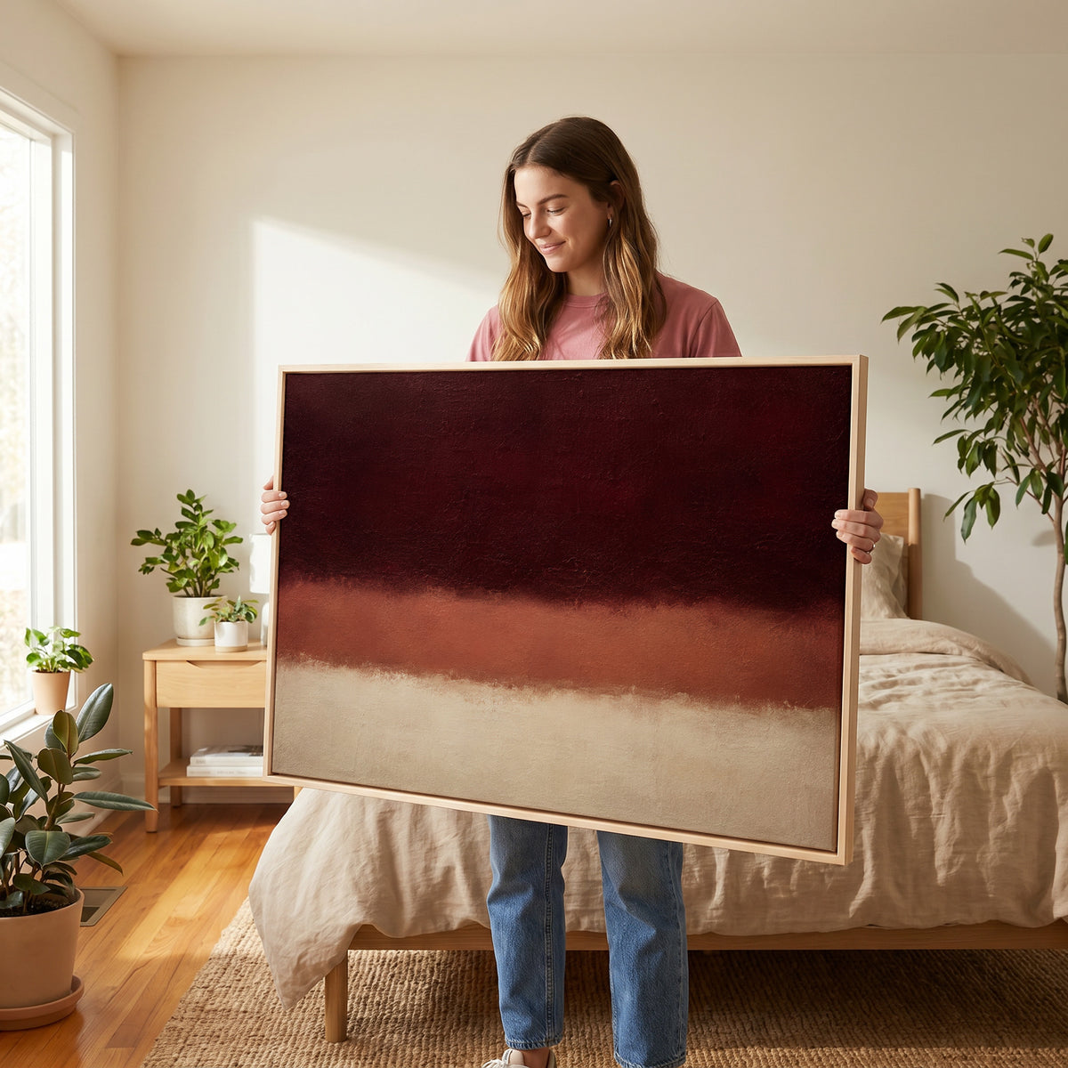 Color field canvas wall art showing three horizontal bands of oxblood, terracotta and bone