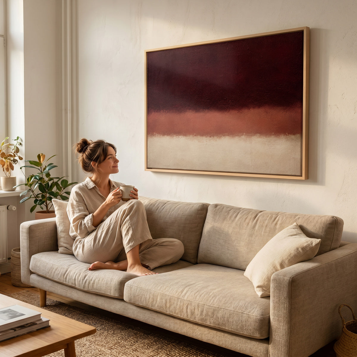 Burgundy canvas wall art showing three horizontal bands of oxblood, terracotta and bone