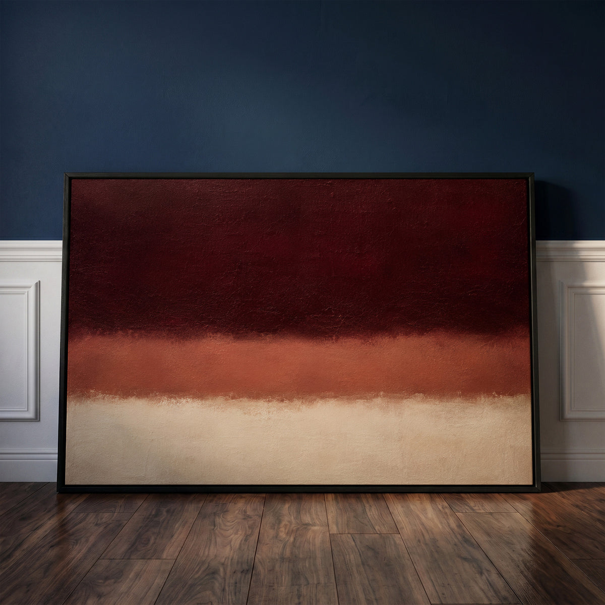 Modern canvas wall art showing three horizontal bands of oxblood, terracotta and bone