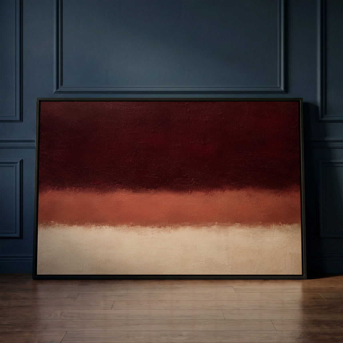 Minimalist art canvas wall art showing three horizontal bands of oxblood, terracotta and bone