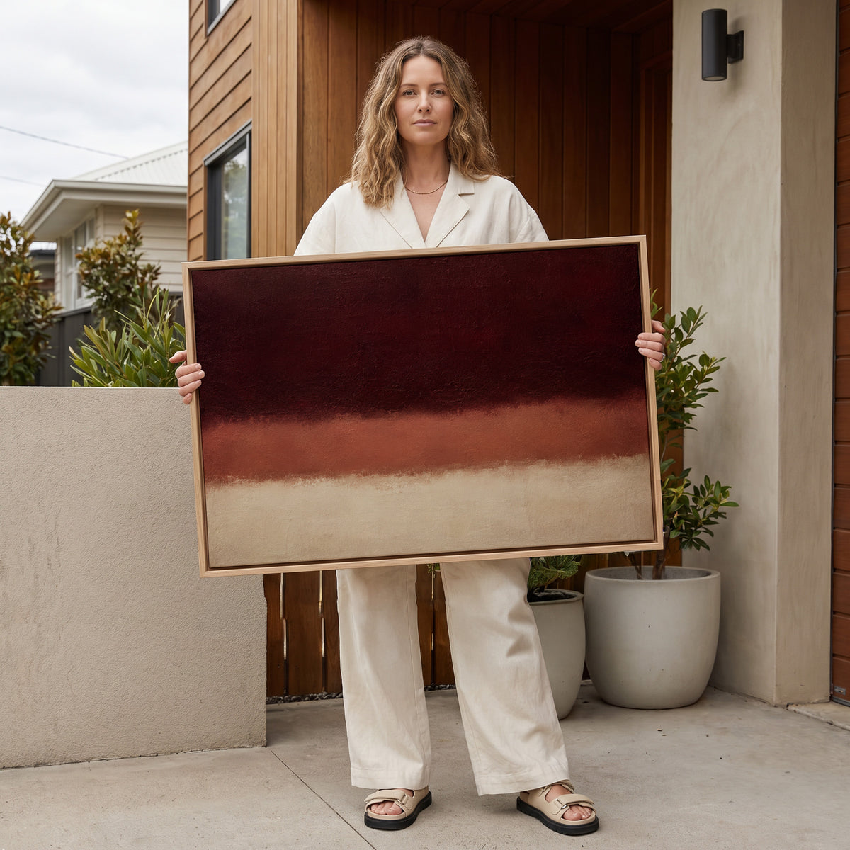 Abstract canvas canvas wall art showing three horizontal bands of oxblood, terracotta and bone