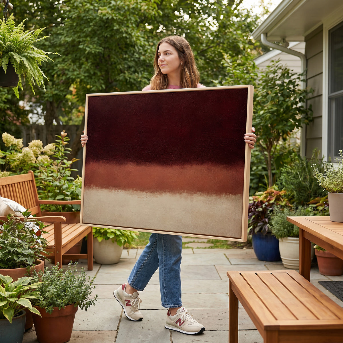 Terracotta canvas wall art showing three horizontal bands of oxblood, terracotta and bone