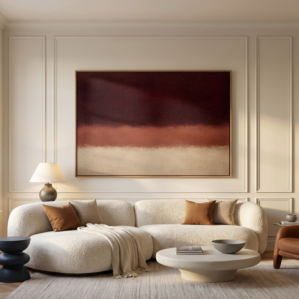 Abstract canvas wall art showing three horizontal bands of oxblood, terracotta and bone