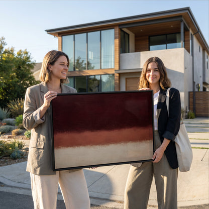 Oxblood canvas canvas wall art showing three horizontal bands of oxblood, terracotta and bone