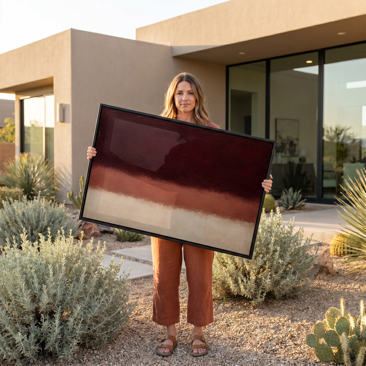 Neutral canvas wall art showing three horizontal bands of oxblood, terracotta and bone