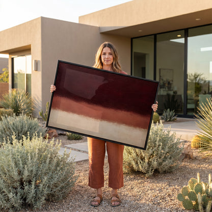 Neutral canvas wall art showing three horizontal bands of oxblood, terracotta and bone