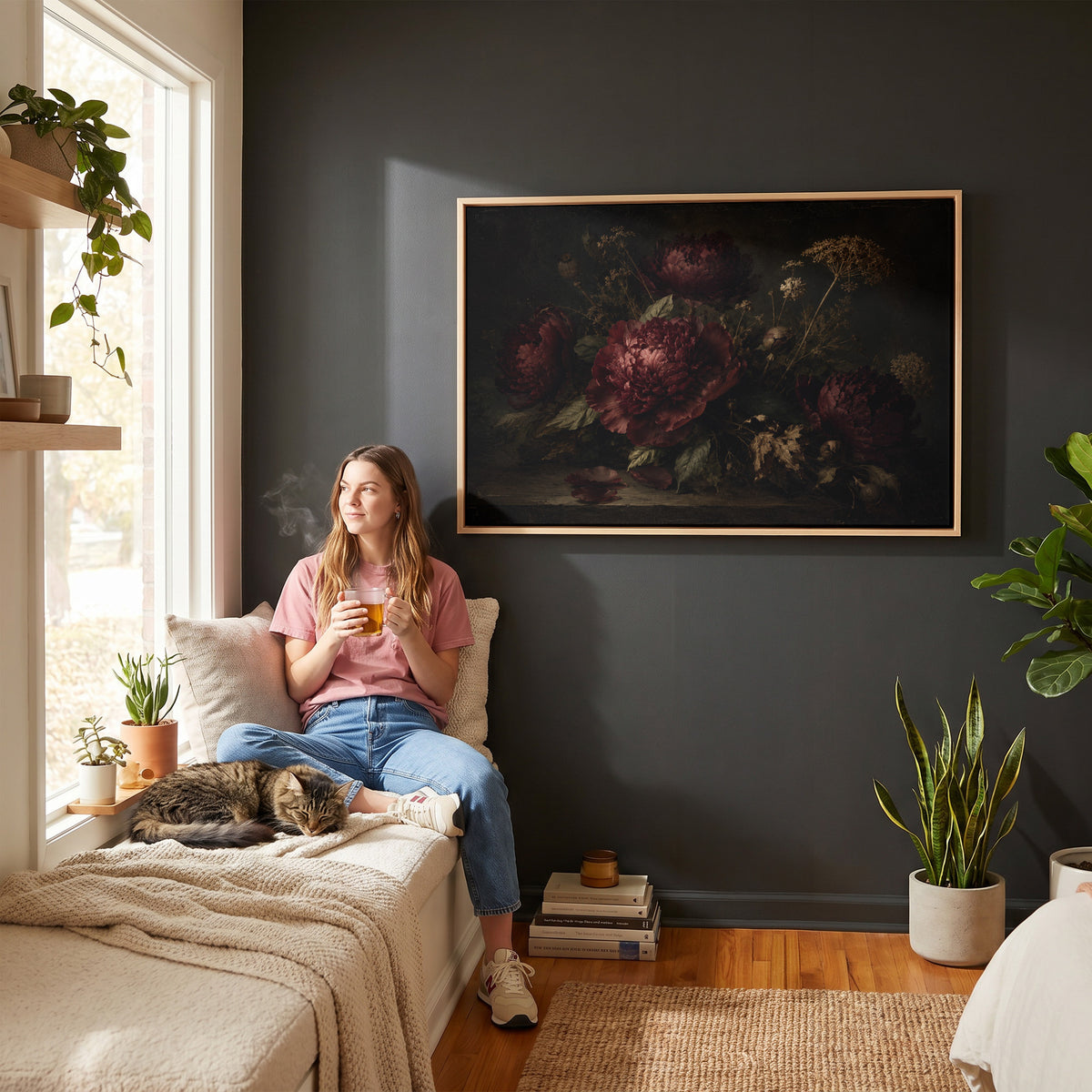 Dark floral canvas wall art showing burgundy peonies and dried seed heads on a dark table