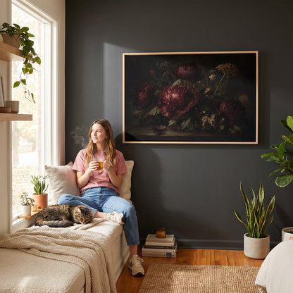 Dark floral canvas wall art showing burgundy peonies and dried seed heads on a dark table