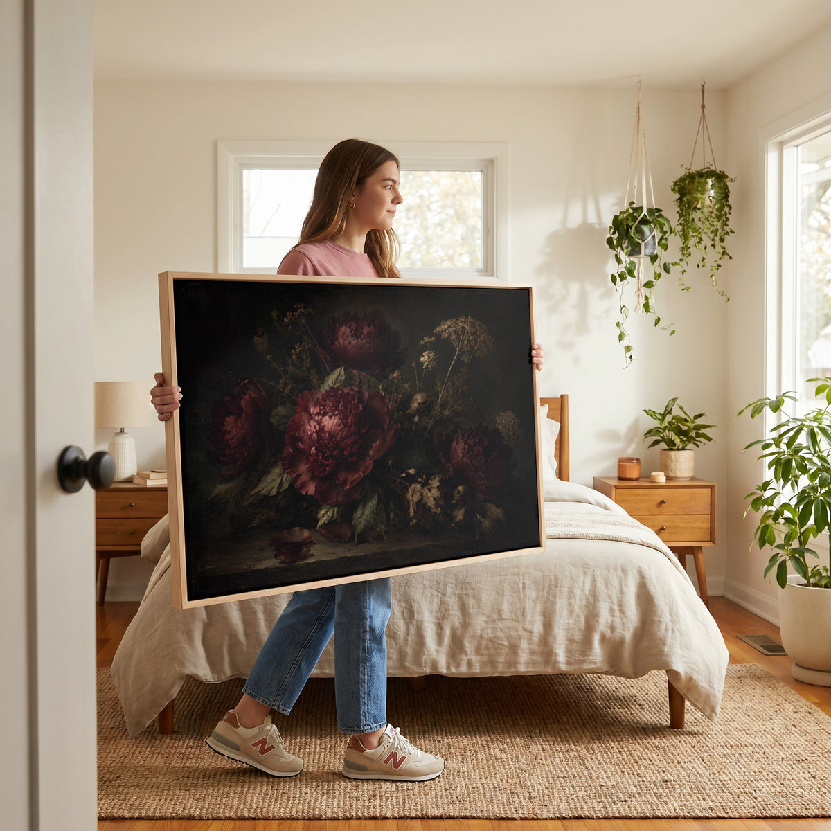Peony canvas wall art showing burgundy peonies and dried seed heads on a dark table
