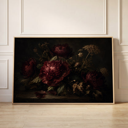 Burgundy peonies and dried seed heads on a dark table, canvas wall art