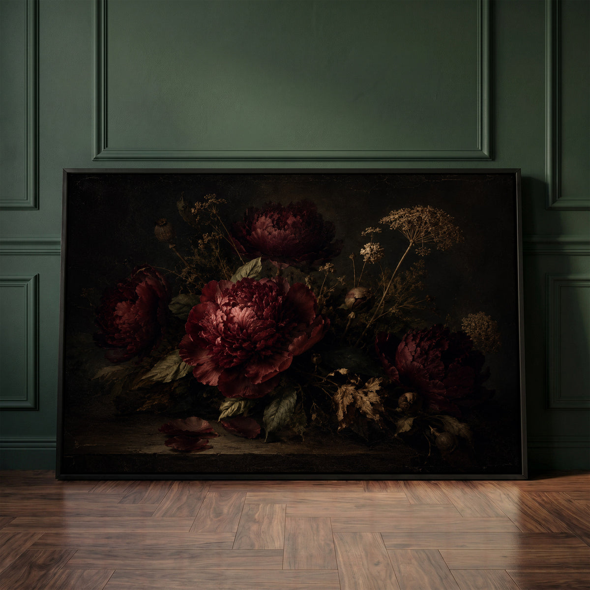 Dining room canvas wall art showing burgundy peonies and dried seed heads on a dark table