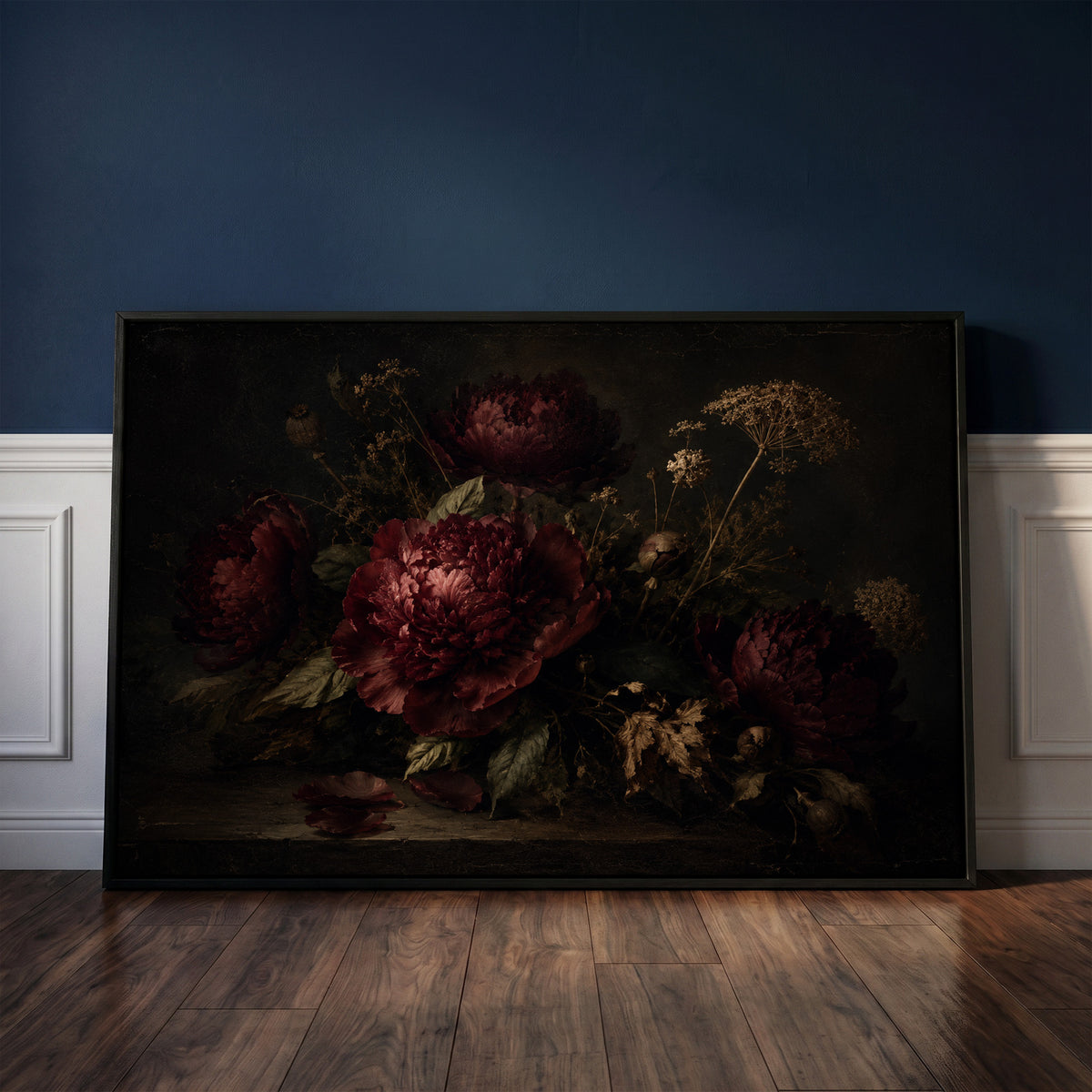 Still life canvas wall art showing burgundy peonies and dried seed heads on a dark table