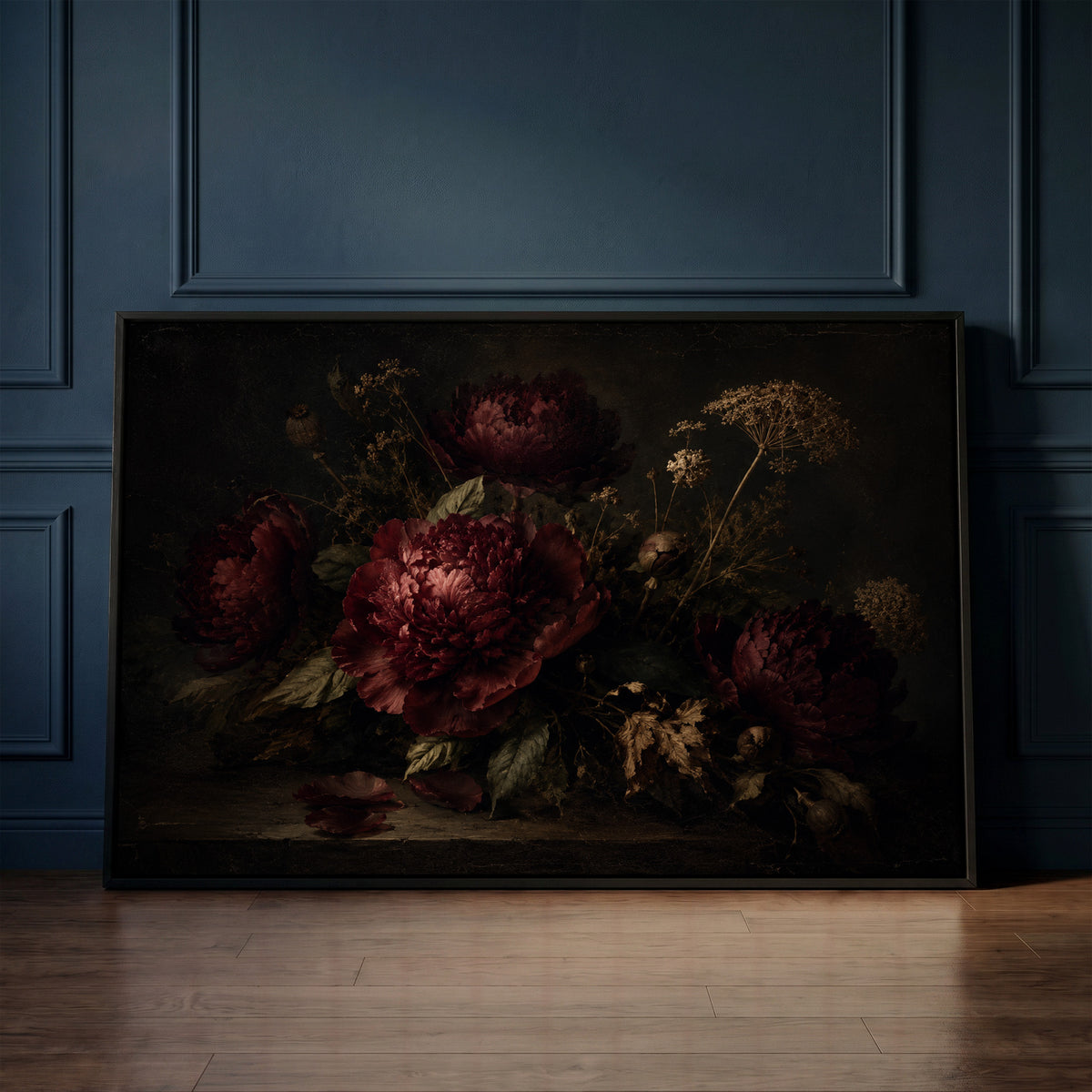 Flower canvas canvas wall art showing burgundy peonies and dried seed heads on a dark table