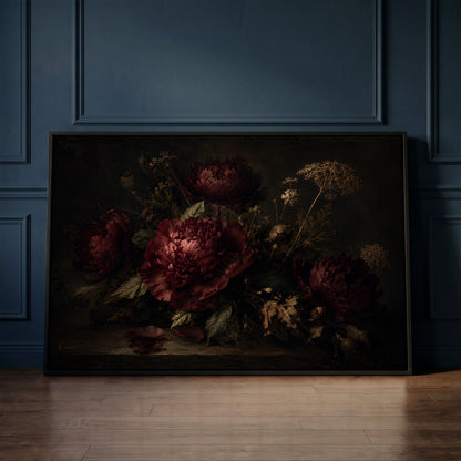 Flower canvas canvas wall art showing burgundy peonies and dried seed heads on a dark table