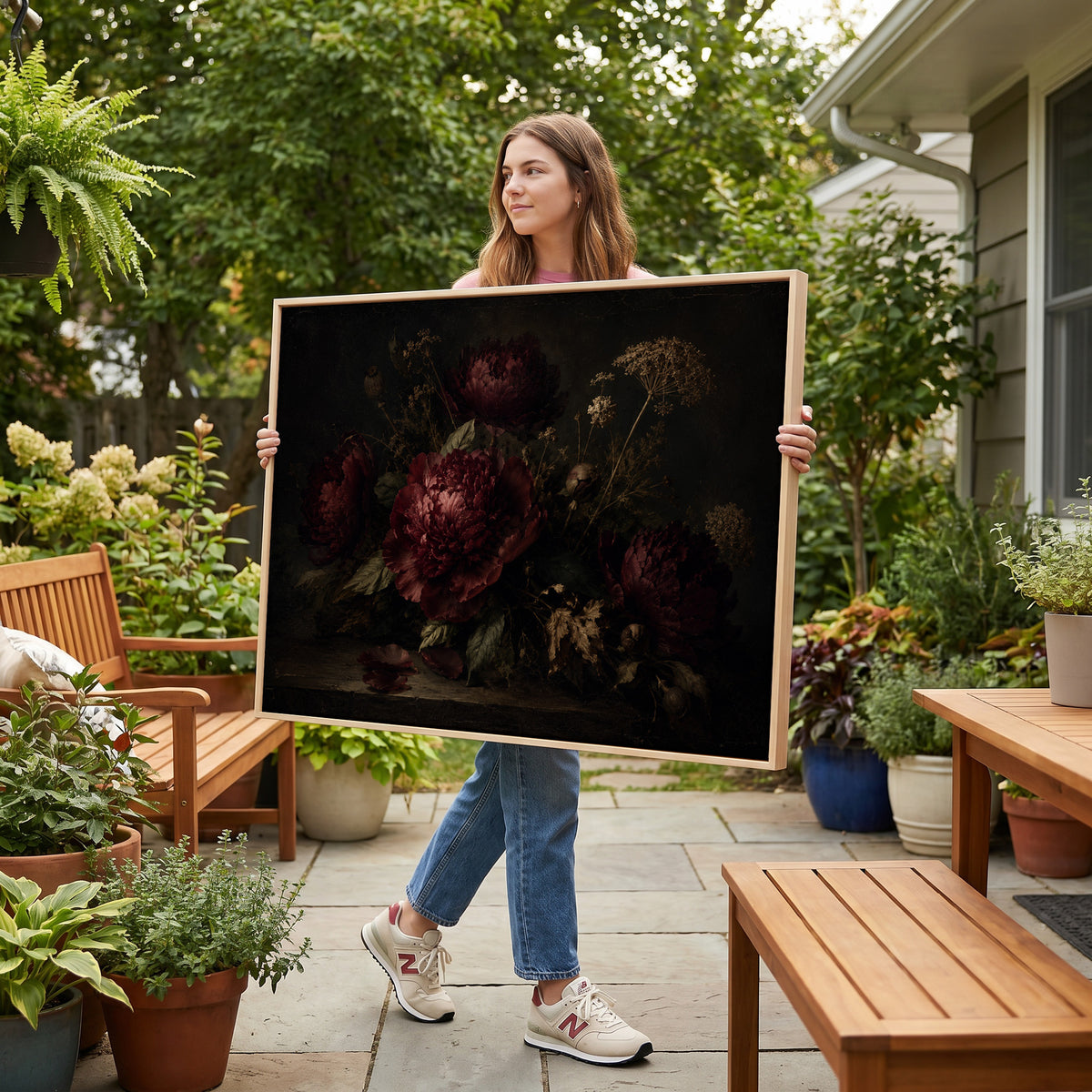 Moody floral canvas wall art showing burgundy peonies and dried seed heads on a dark table