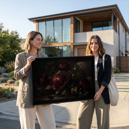 Botanical canvas wall art showing burgundy peonies and dried seed heads on a dark table