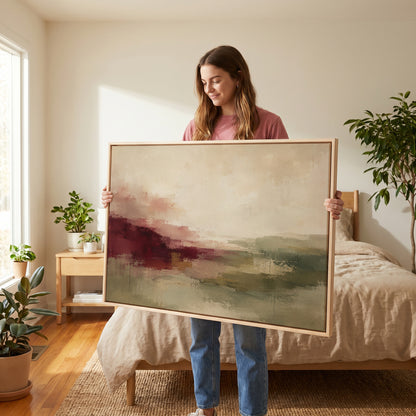 Abstract canvas wall art showing abstract horizon in burgundy, sage and cream tones