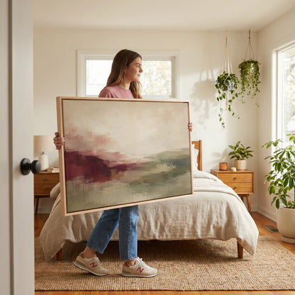 Burgundy canvas wall art showing abstract horizon in burgundy, sage and cream tones