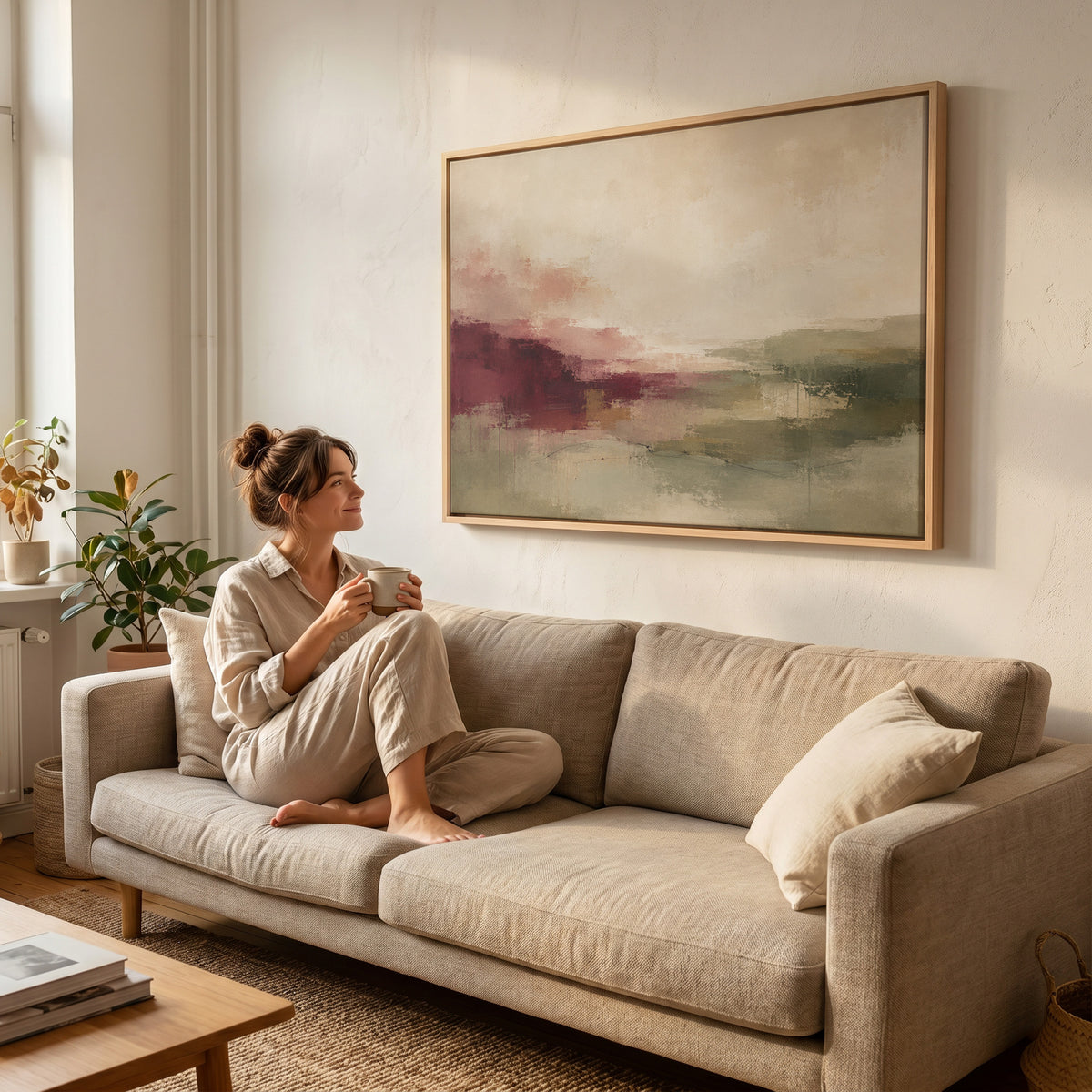 Modern canvas wall art showing abstract horizon in burgundy, sage and cream tones