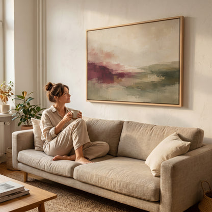 Modern canvas wall art showing abstract horizon in burgundy, sage and cream tones