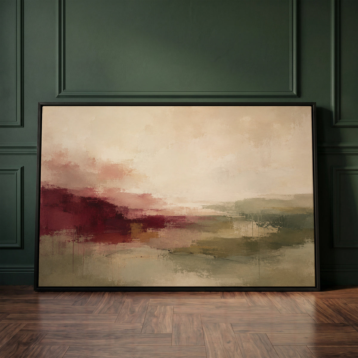 Neutral canvas wall art showing abstract horizon in burgundy, sage and cream tones