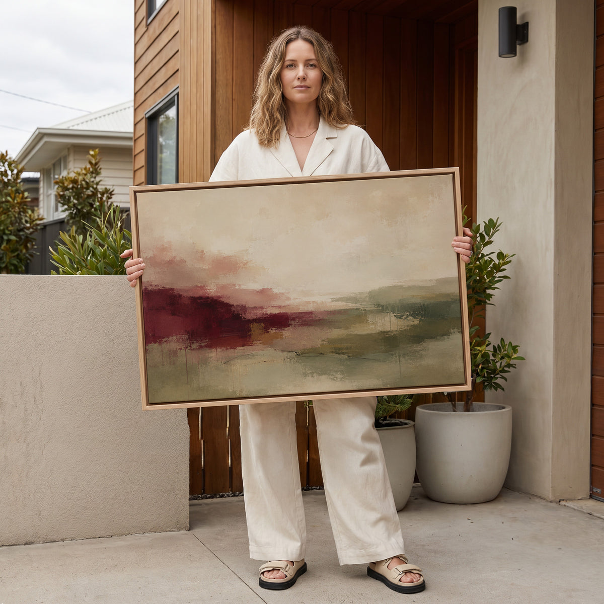 Abstract canvas canvas wall art showing abstract horizon in burgundy, sage and cream tones