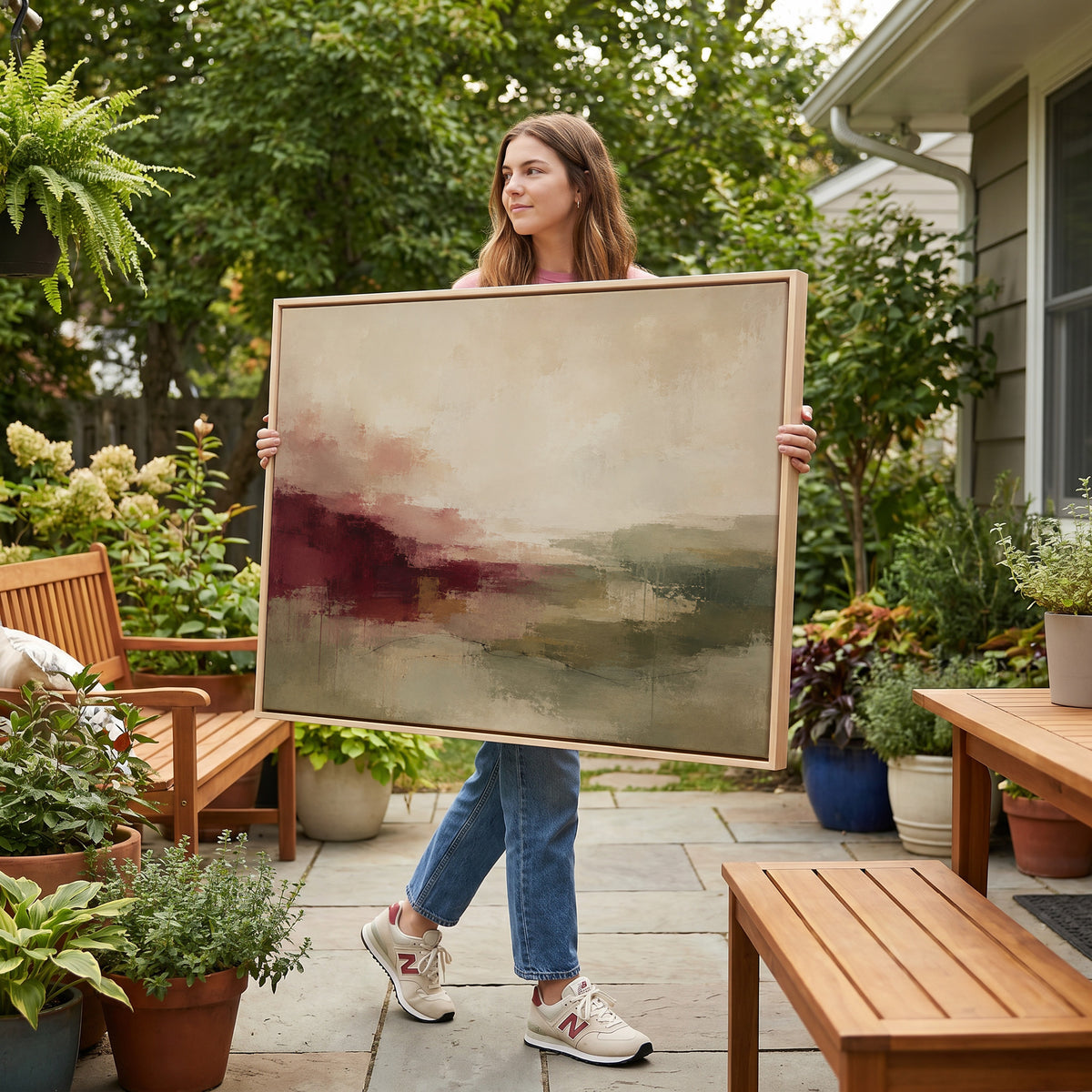 Horizon canvas canvas wall art showing abstract horizon in burgundy, sage and cream tones