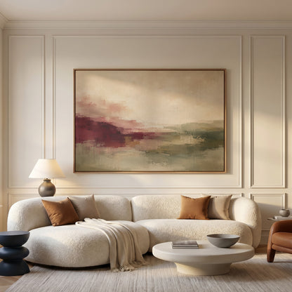 Cream canvas wall art showing abstract horizon in burgundy, sage and cream tones