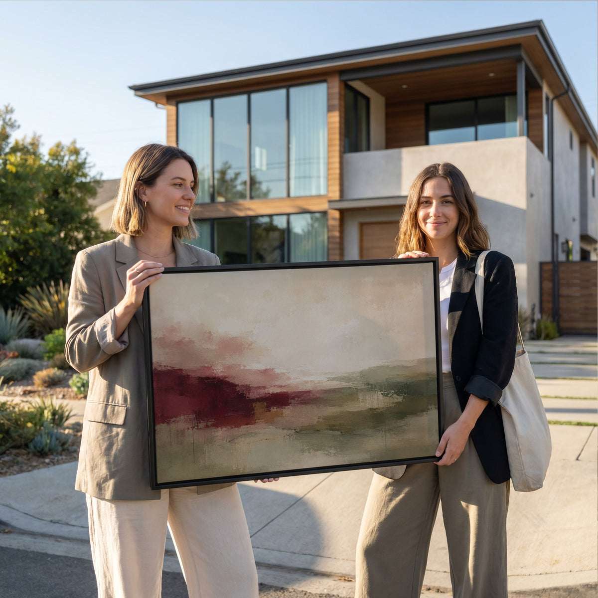 Abstract horizon in burgundy, sage and cream tones, canvas art print