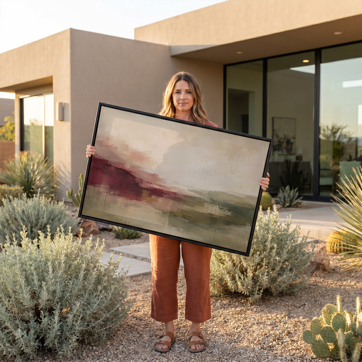 Muted canvas wall art showing abstract horizon in burgundy, sage and cream tones