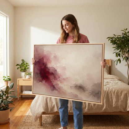 Calming canvas wall art showing burgundy watercolour bloom spreading diagonally across a cream and pale grey ground